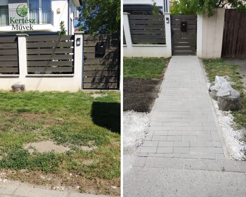 Térköves kerti járda kialakítása | KERTÉSZ Művek Kerti járda kialakítása térkőből előtte és utána