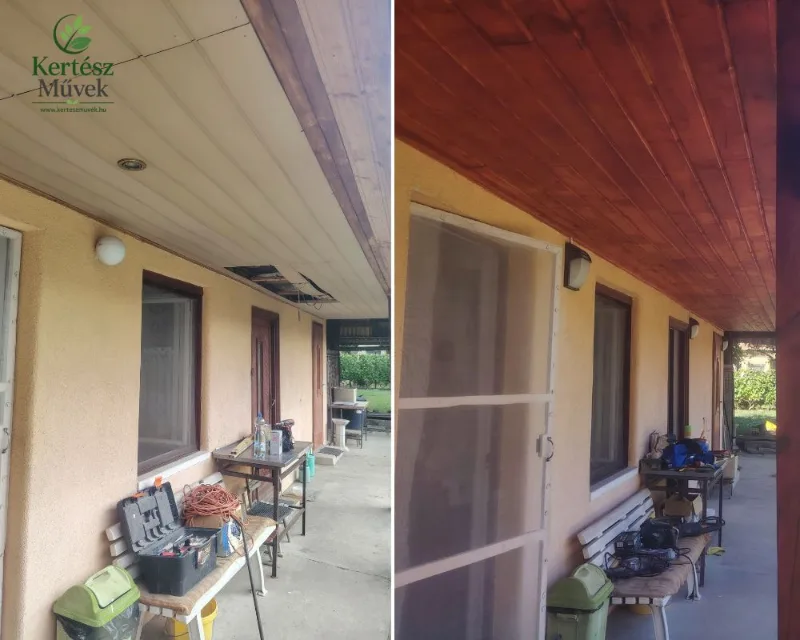 Fa előtető felújítása | KERTÉSZ Művek Fa előtető festése és felújítása előtte és utána